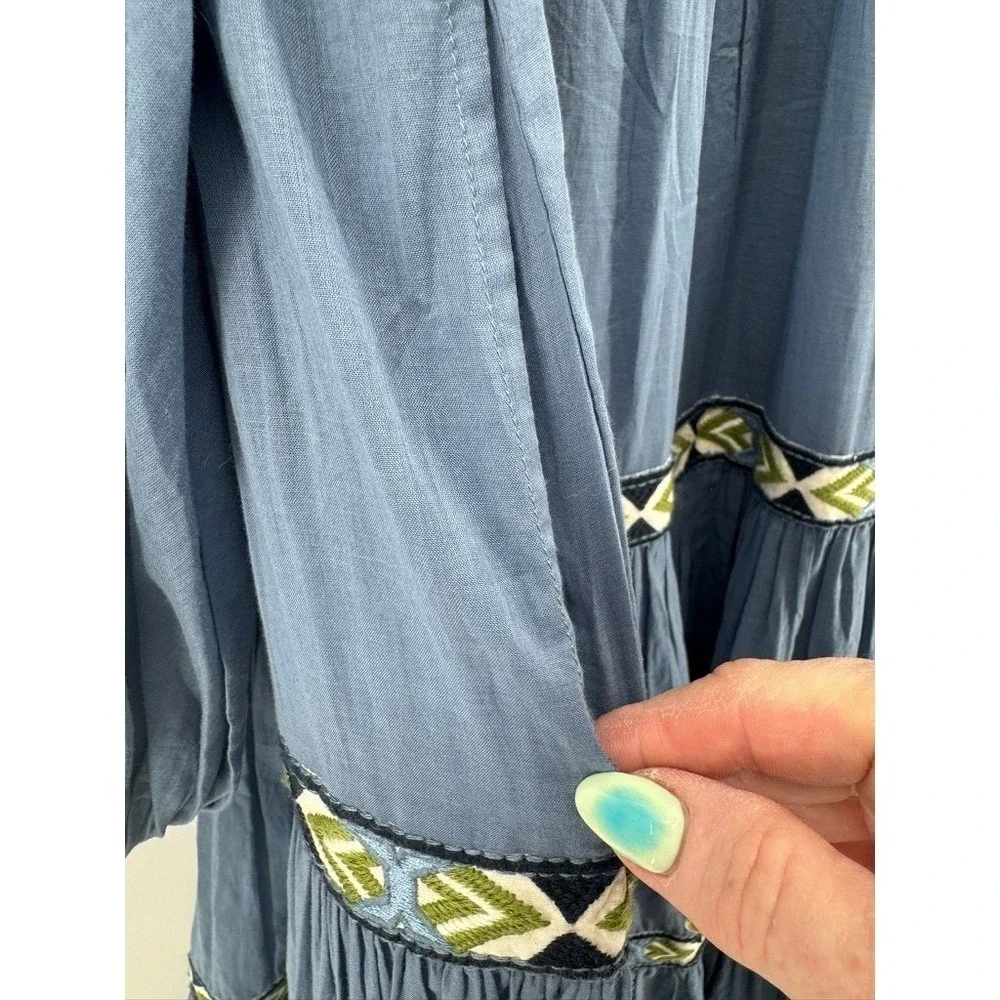 Tory Burch Blue Tiered Midi Dress Embroidered Long Sleeve Boho Peasant Women XS